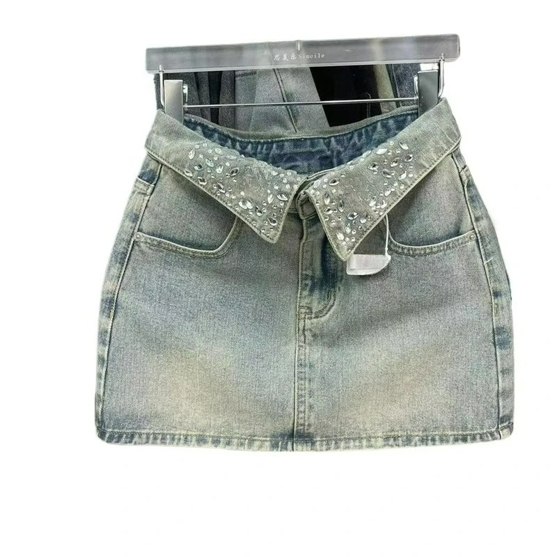 American-style Washed Lapel Design Half-length Niche Diamond-encrusted Embroidered Light Blue Word Denim Short Skirt Bestseller