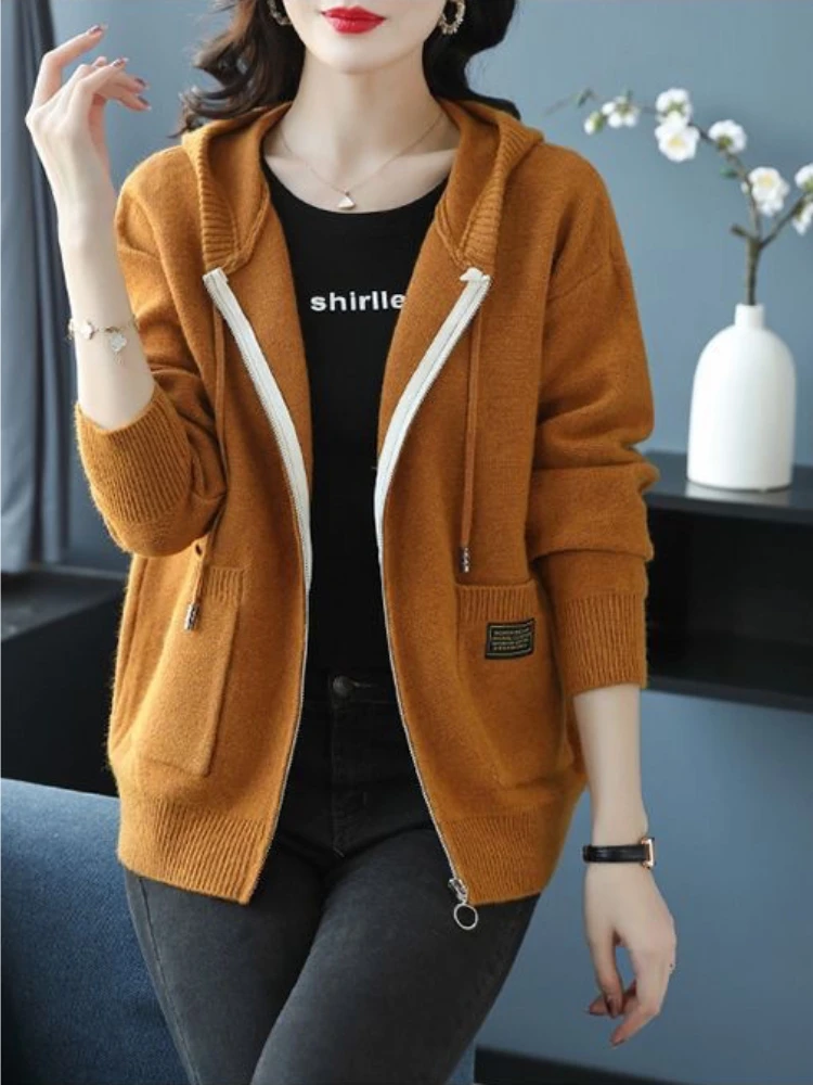 Winter Warm Women Casual Hooded Knitted Cardigan Spring Autumn Large Size Zipper New Sweater Coat Korean Fashion Knitwear Female