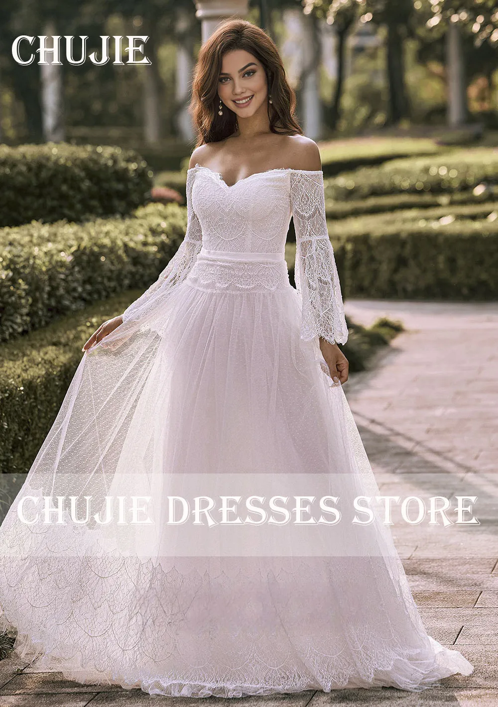 Robes de mariée évasées à manches longues, ligne A blanche plissée, robe de mariée élégante personnalisée pour femmes