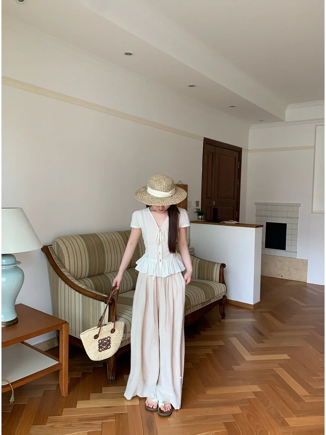 

Summer Slow Tone Chestnut Color Wide Leg Cotton Linen Pants Women's Style Commute Wind Natural Waist Trousers for Ladies