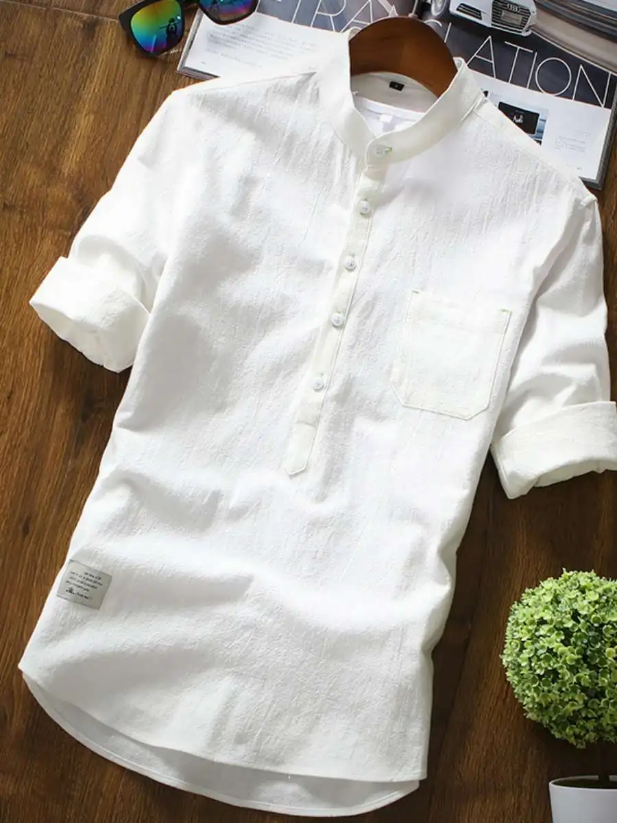 

Loose Sleeve Men's Casual Shirt New Style Summer Leisure Teenage Spring Travel Short Sleeve Stand Collar Clothing