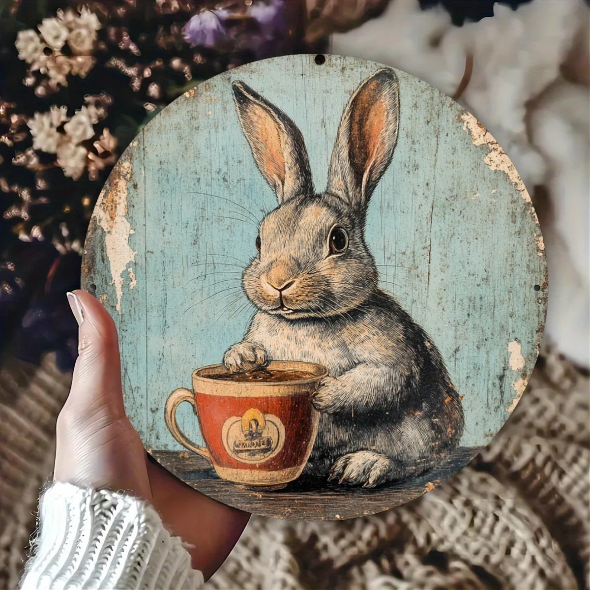 Vintage Wooden Texture Rabbit With Coffee Cup Graphic 2D flat Round Metal Tin Sign Cottage Home Wall Decor Gift 7.87x7.87 Inch
