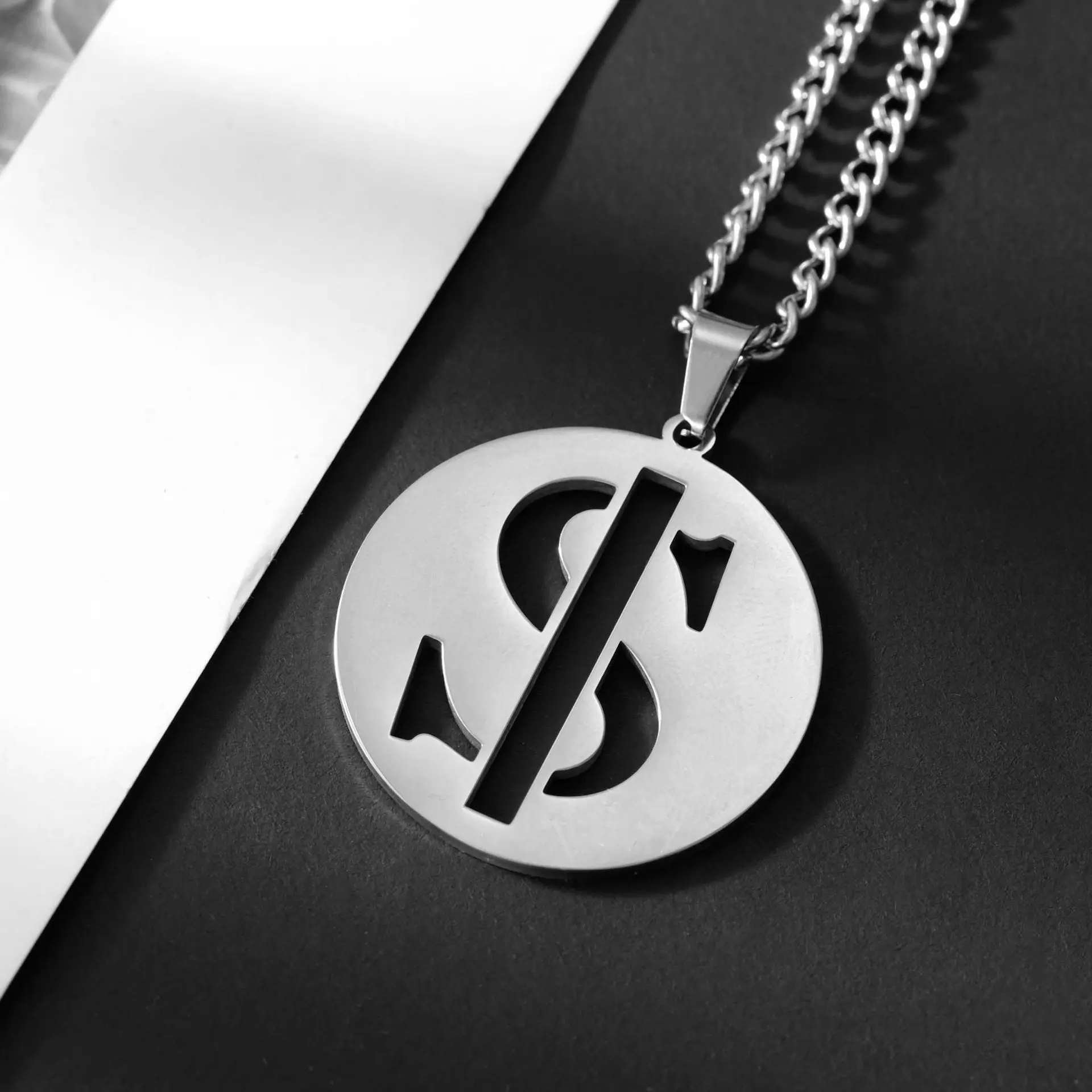 Classic Hollow Dollar Symbol Pendant Necklace Silver Stainless Steel Jewelry Versatile Unisex Fashion Accessory for Daily Wear