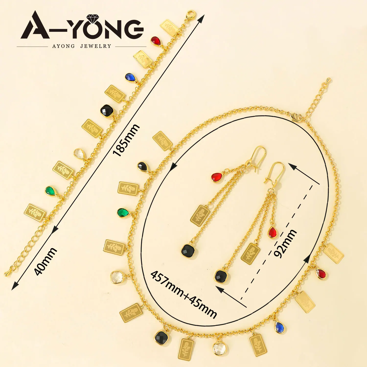 Nigerianisches Brautschmuck-Set 21k Vergoldet Arabische Farbige Quadratische Zirkonia-Halskette Algerischer Islamischer Modeschmuck für Frauen – Detail 4