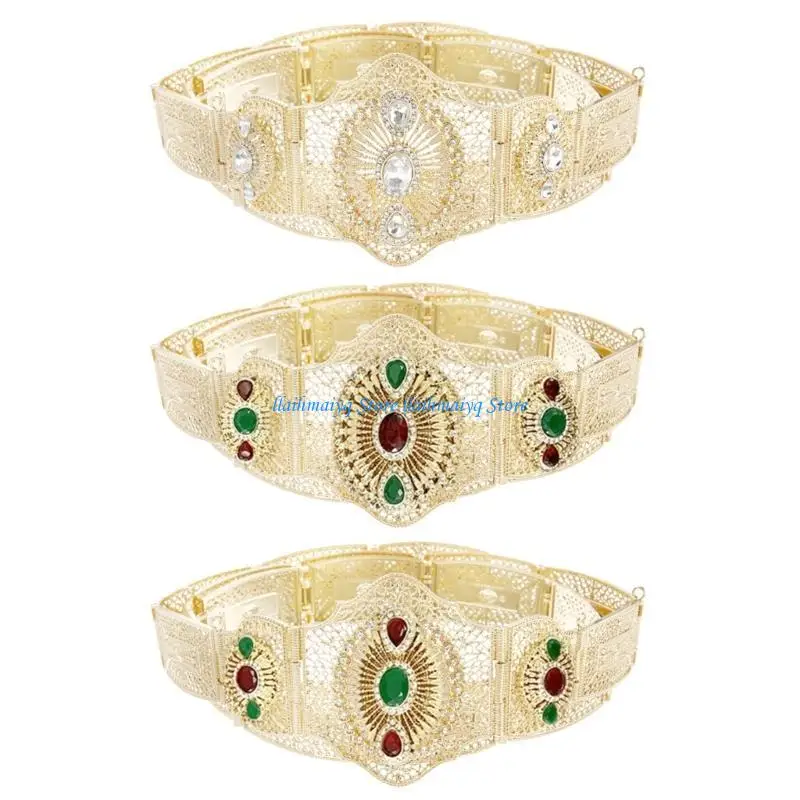 

573B Traditional Hollowed Belt Moroccan Caucasus Robe Belt Antique Waistband for Wedding Rhinestones Carving Waist Jewelry