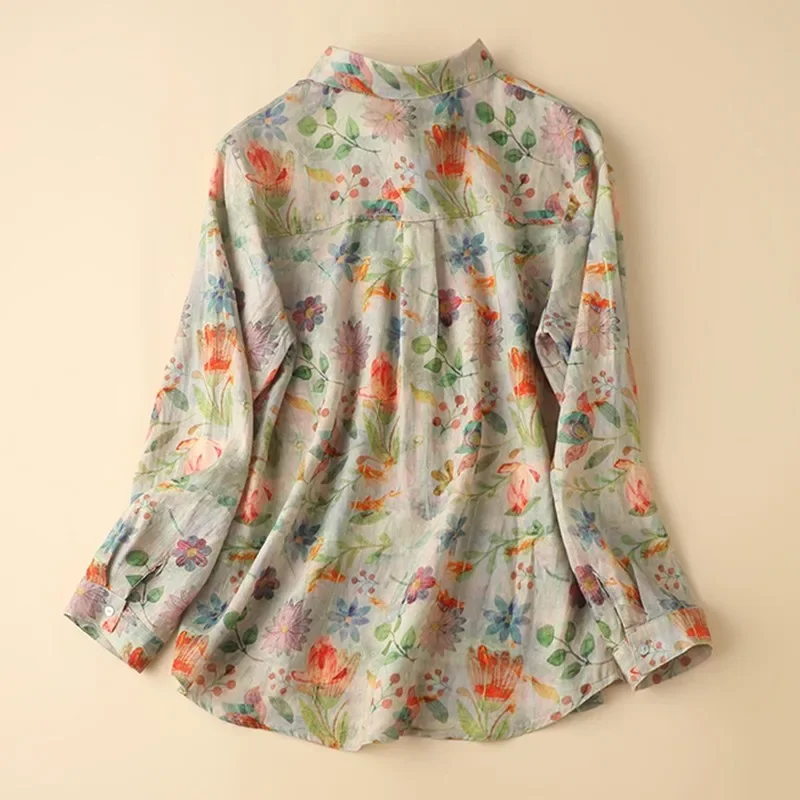 Women Long Sleeve Casual Shirts New Arrival Autumn& Spring Arts Style Vintage Floral Print Loose Ladies Cotton Linen Tops