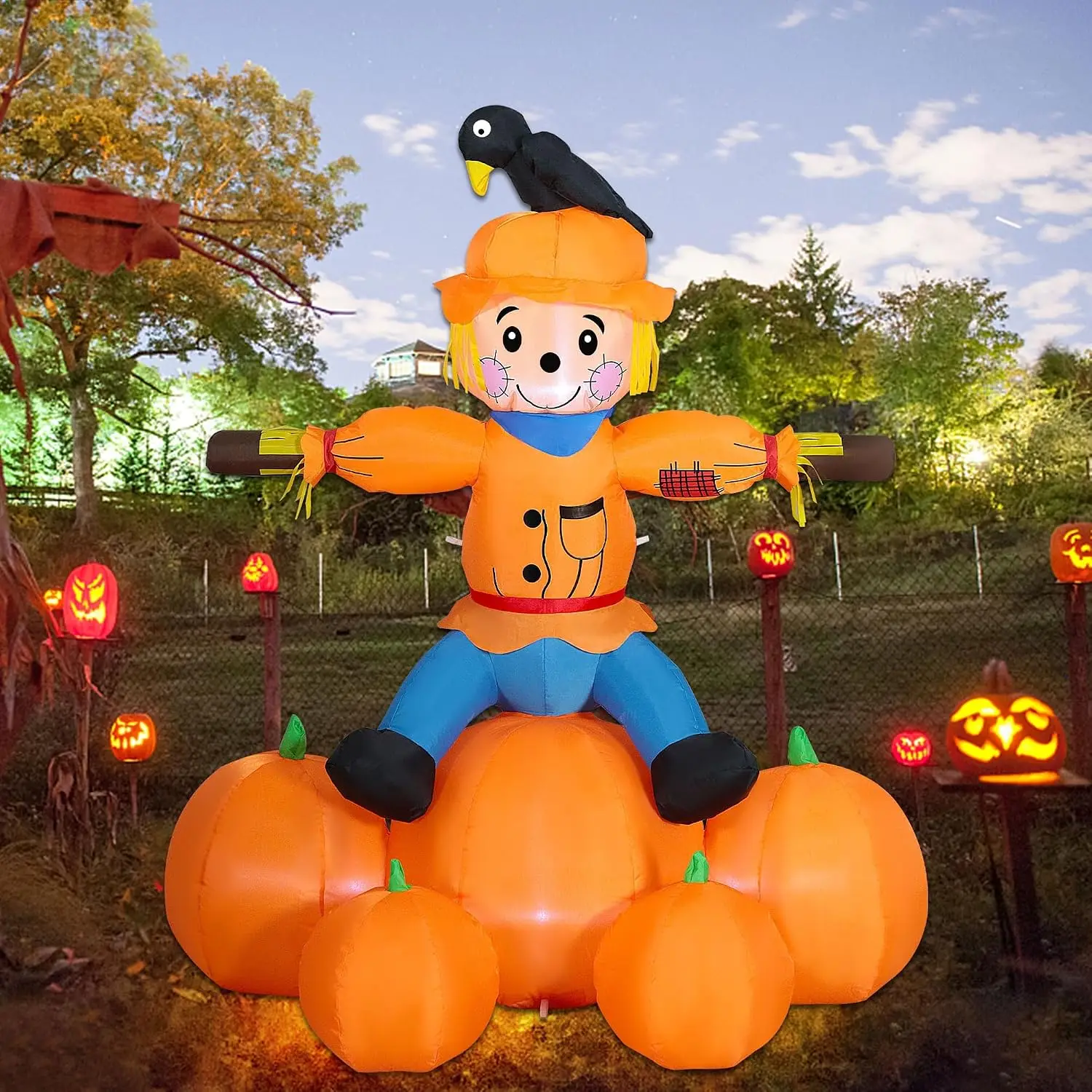 5FT Fall Day Inflatable Decoration, Lighted Air Blown | Scarecrow Sitting on Pumpkins with Crow Standing On, Built-in LED Lights