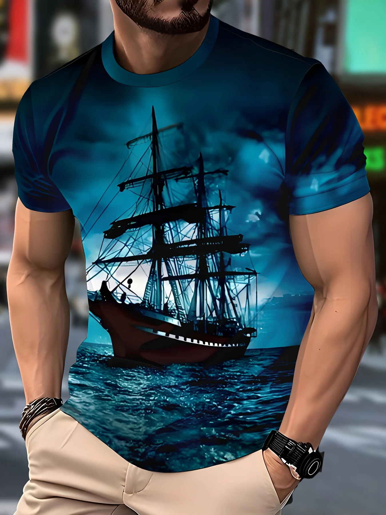 Light Thin Quick Dry Street Style 3D Ocean Scenery All Over Sublimation Print Unisex Crew Neck Summer Tops