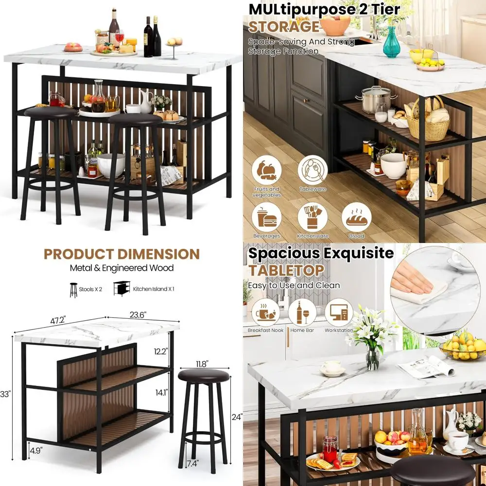 현대적인 주방 아일랜드와 스툴 및 수납장, 2인용 컴팩트 다이닝 세트, 3피스 주방 및 다이닝 세트