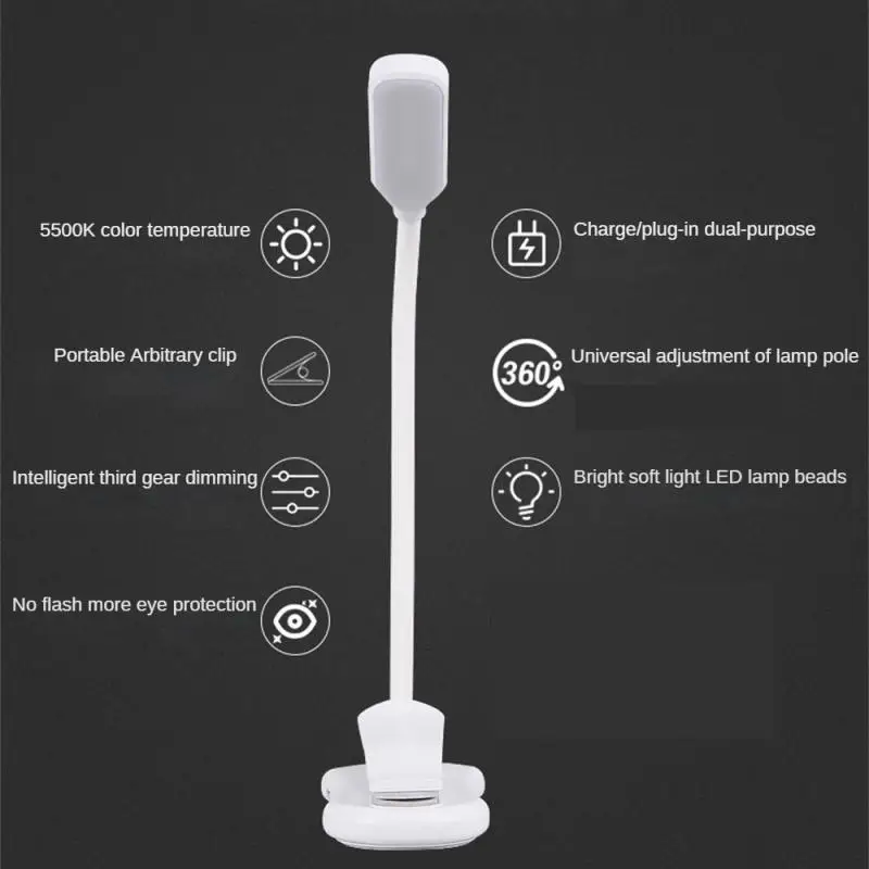 7LED Book Light USB Rechargeable 3-Level Warm White Night Light Adjustable Reading Desk Lamp With Goosenecks Clip Bedroom Study