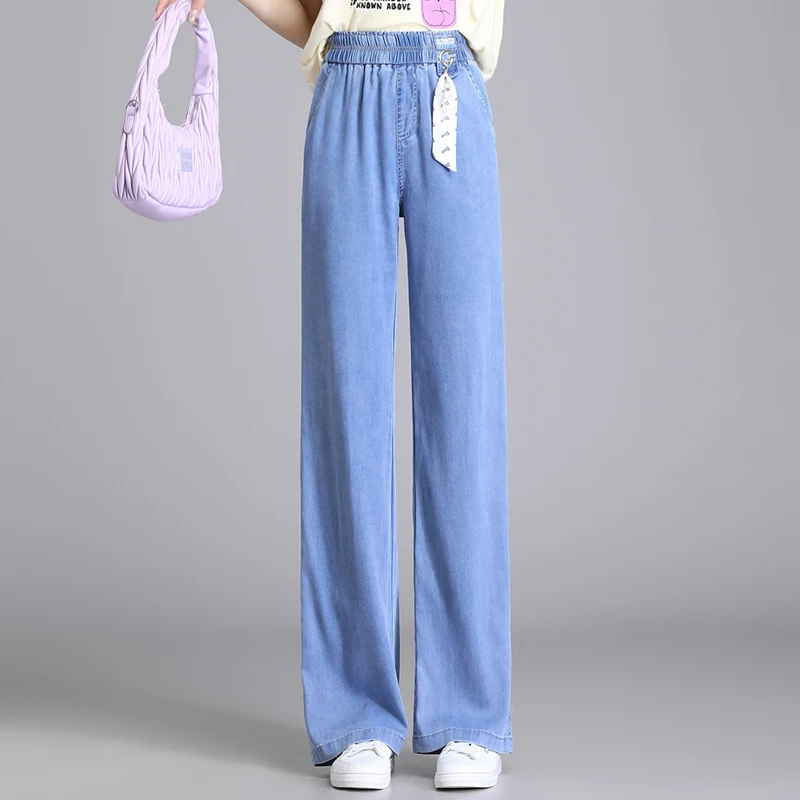 Sommer Dünne Frauen Geeignet gerade Breite Bein Jeans Lose Droop Elastische Taille Denim Lange Hosen Koreanische lyocell Casual Hosen