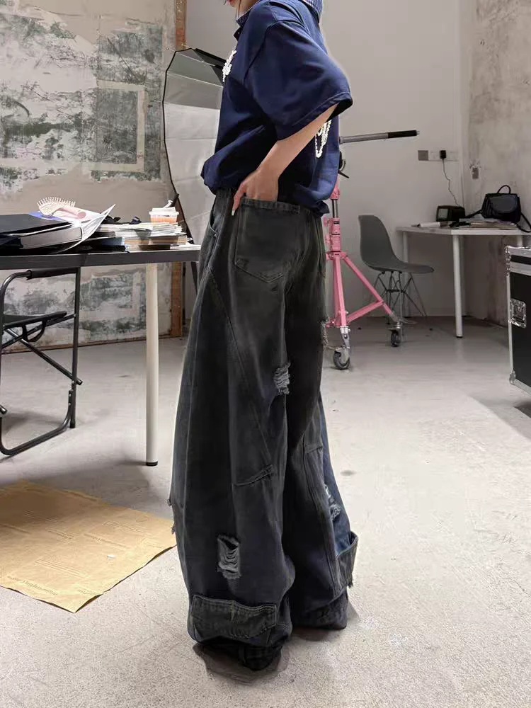 المرأة السوداء القوطية Y2k فضفاض ممزق الجينز Harajuku خمر سراويل جينز اليابانية 2000s نمط الجرونج ايمو الجينز السراويل الملابس