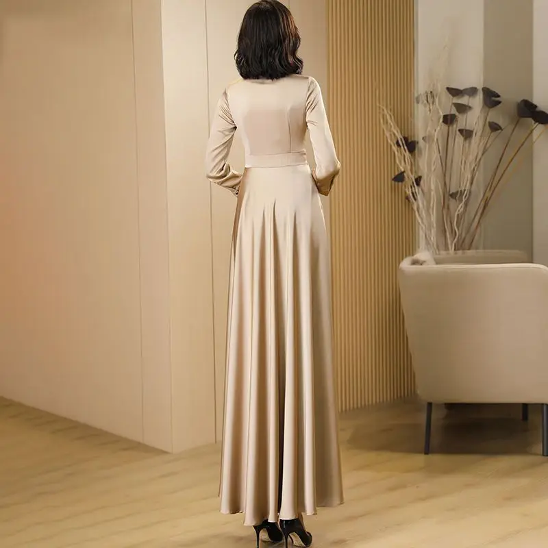 Autumn Large Swing Skirt Temperament Long Champagne Color Dress Polo Collar Button Slim Elegant Simple Waist Acetic Acid Dresses