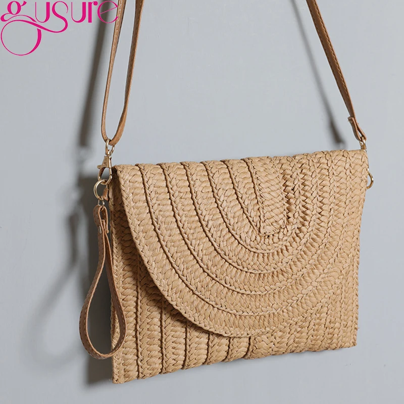 Straw Woven Shoulder Crossbody Bag Beach Clutch Handbag Casual Summer Handmade Envelope Bags for Women Totes Purse