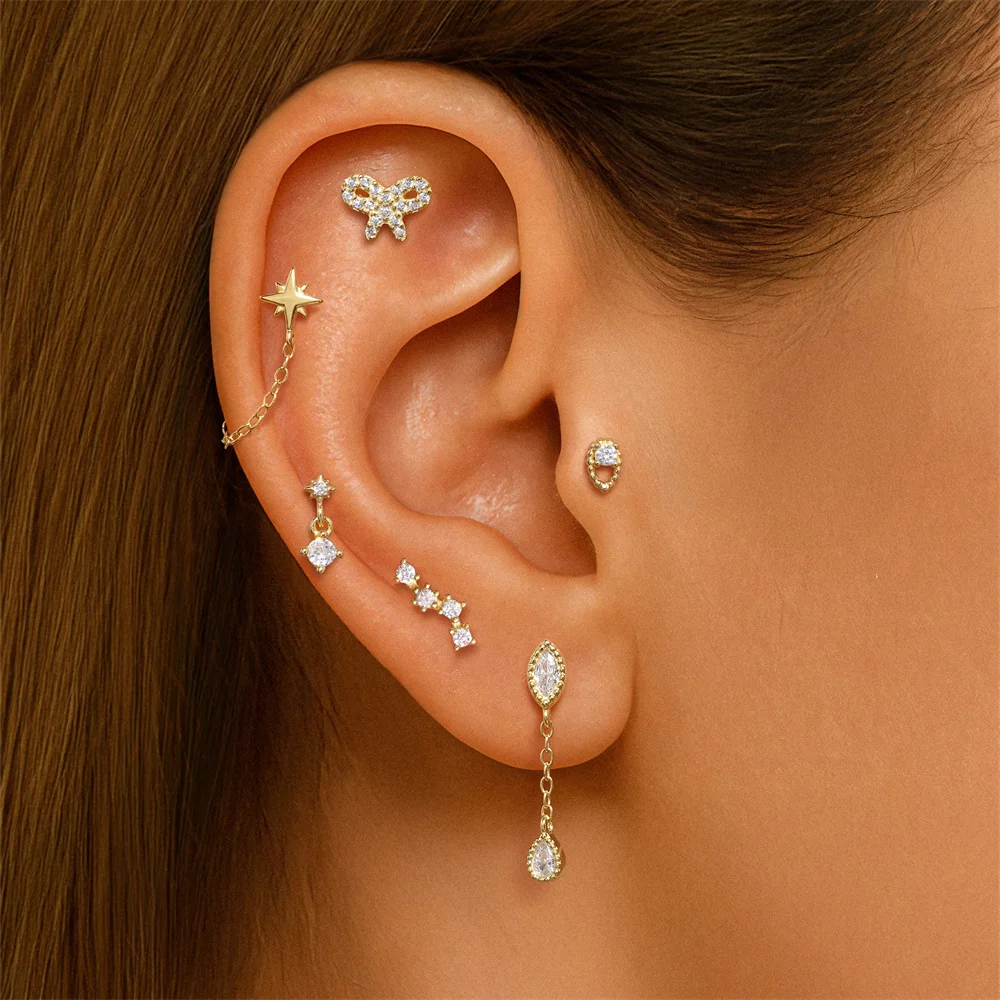 AIDE 1PC 925 Sterling Silver Hollow Lotus Piercing Earrings CZ Paved Threaded Labret Ear Stud Tragus Lip Ring Body Piercing Stud