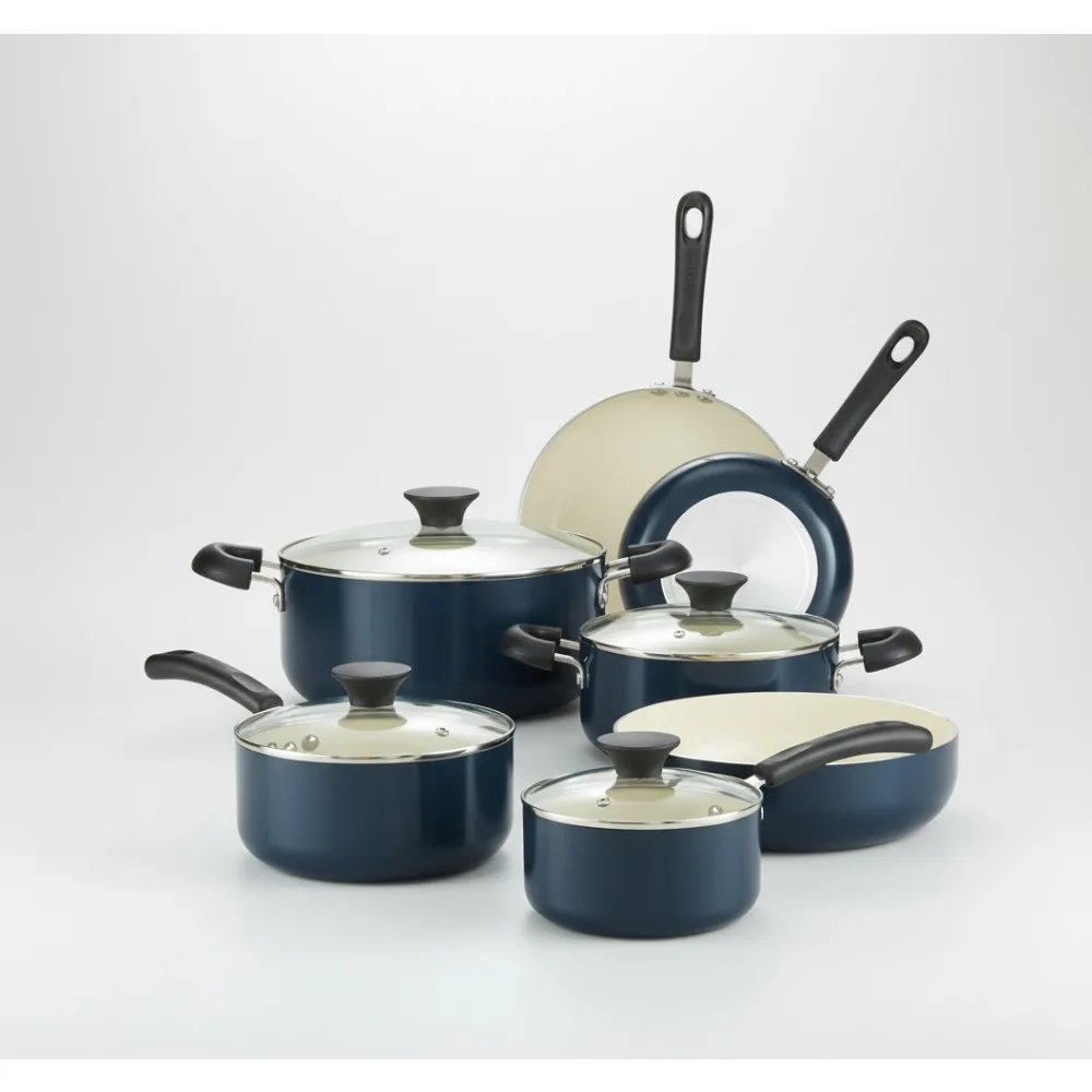 

10-Piece Nonstick Ceramic Cookware Set with Saucepans, Frying Pans, Dutch Oven - Blue for Home Chefs