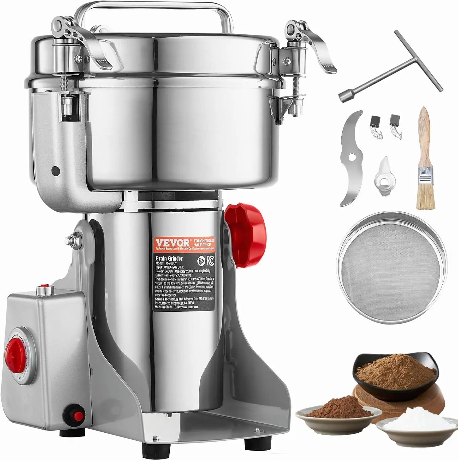 2000g Electric Grain Mill Grinder, High Speed 3400W Commercial Spice Grinders, Stainless Steel Pulverizer Powder Machine, for Dr