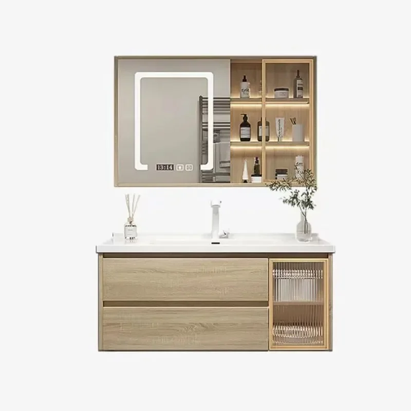 Armario de baño de madera con espejo de exhibición, estantería pequeña, muebles de gabinete