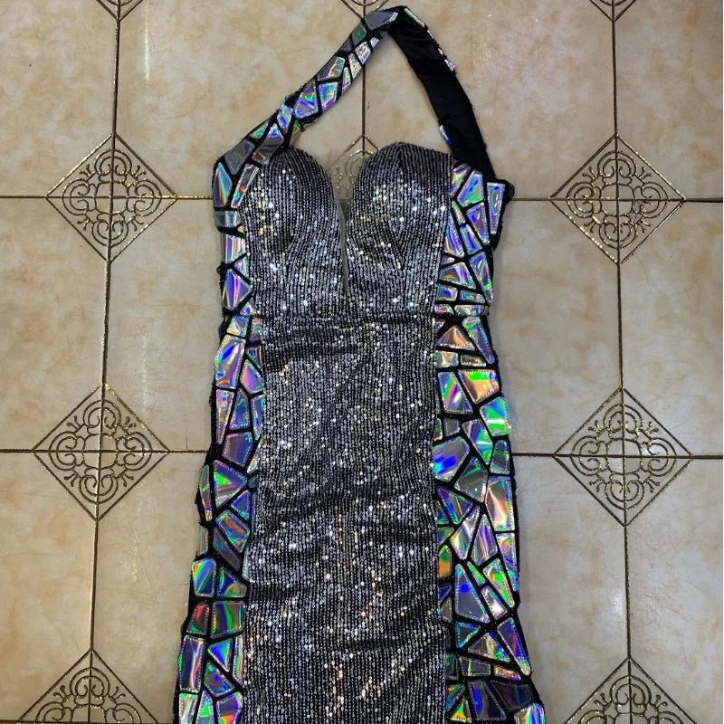 فستان سهرة مزين بالترتر اللامع فضي بكتف واحد مزين بالترتر بحاشية غير متماثلة بدون أكمام بدون ظهر فساتين ضيقة فساتين كوكتيل #5