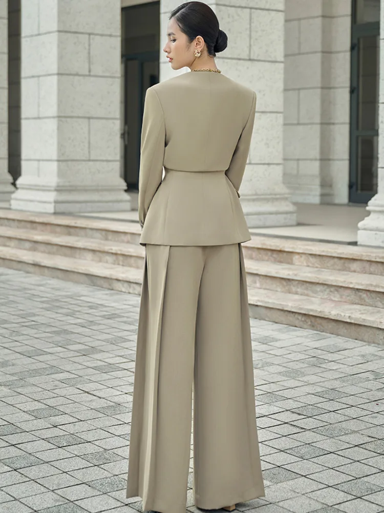 DEAT Elegant Wide Leg Pants Sets Long Sleeve V Neck Blazer Gathered Waist Loose Elegant Office Lady Sets autumn New 2024 15G7152