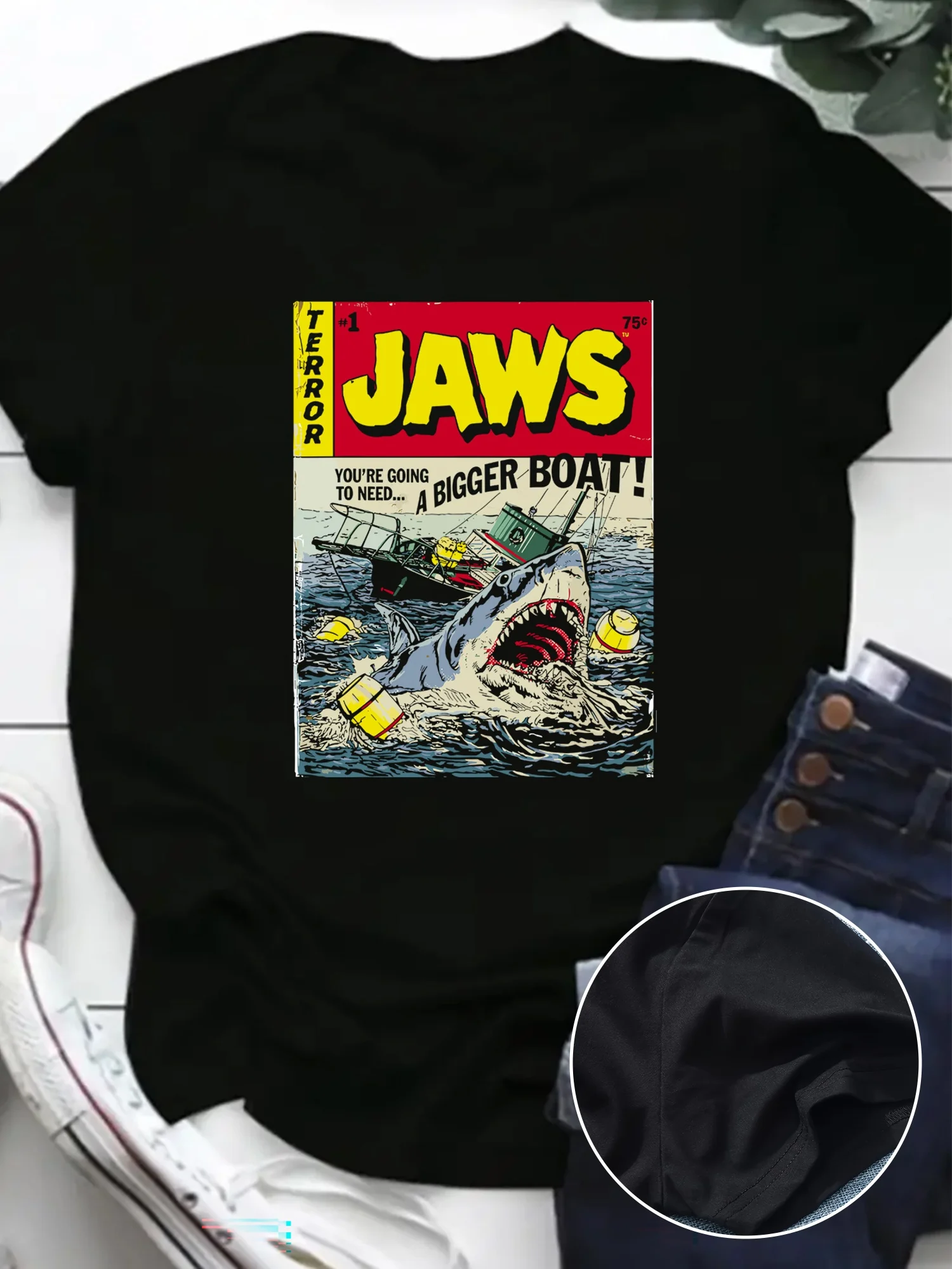 Vengo bisogno di una maglietta grafica Jaws da donna con barca più grande: morbido, girocollo, manica corta taglie forti, top estivo casual