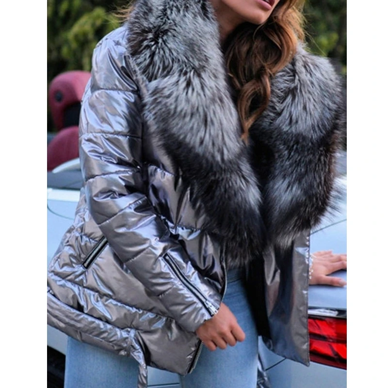 Women Solid Large Fur Collar Zipper Slim Coat Winter Fashion Lapel Bright Face Pocket Cotton Jacket Coat Ladies Warm Streetwears