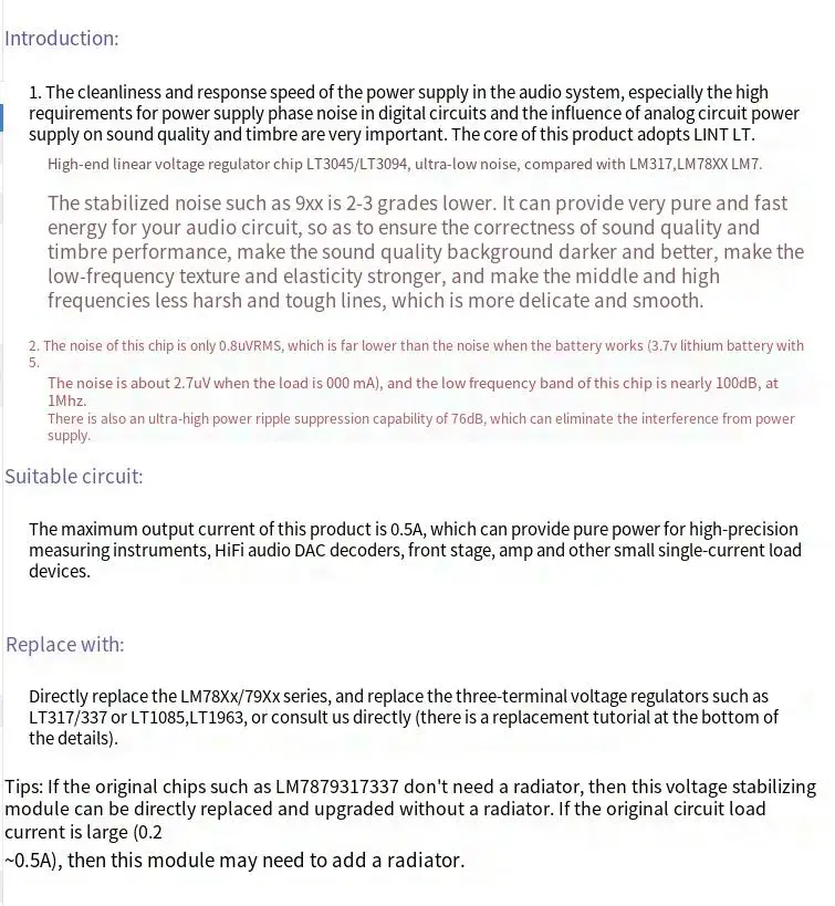 LT3045 Upgrade LM78 LM317 Inline Three Terminal Linear Stabilizer IC Chip Gold Plated Version
