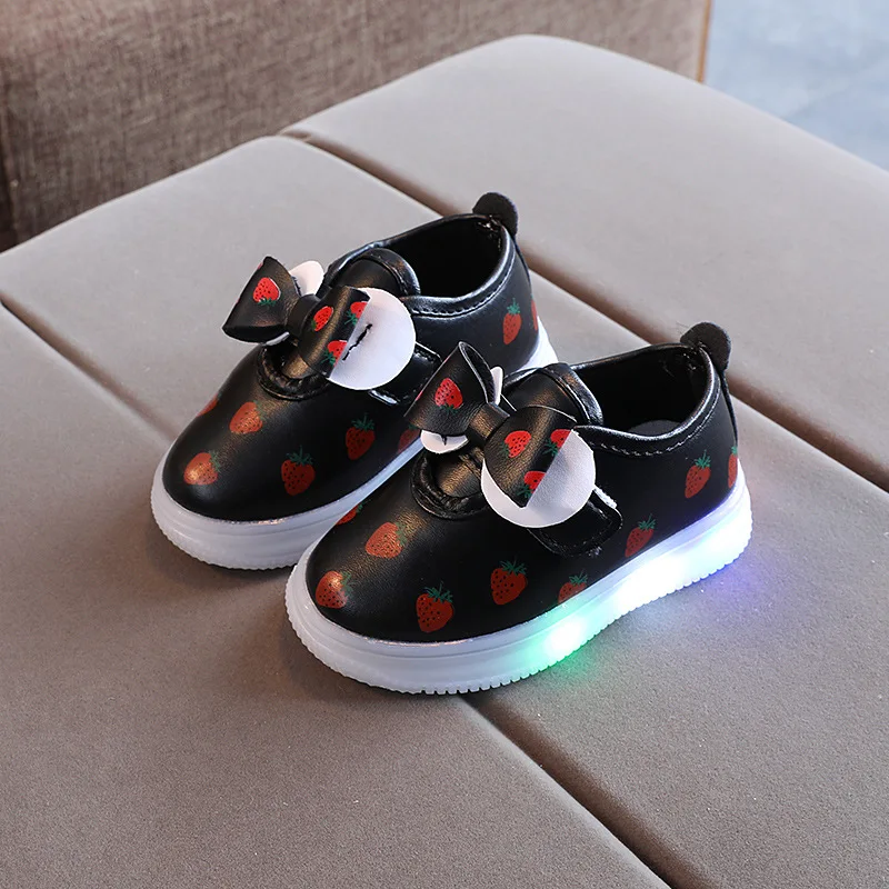 Children LED Shoes Fashion Bow Glowing Sneakers for Girls Pu Soft Leather Casual Shoes Toddler Breathable Sports Shoes Tenis