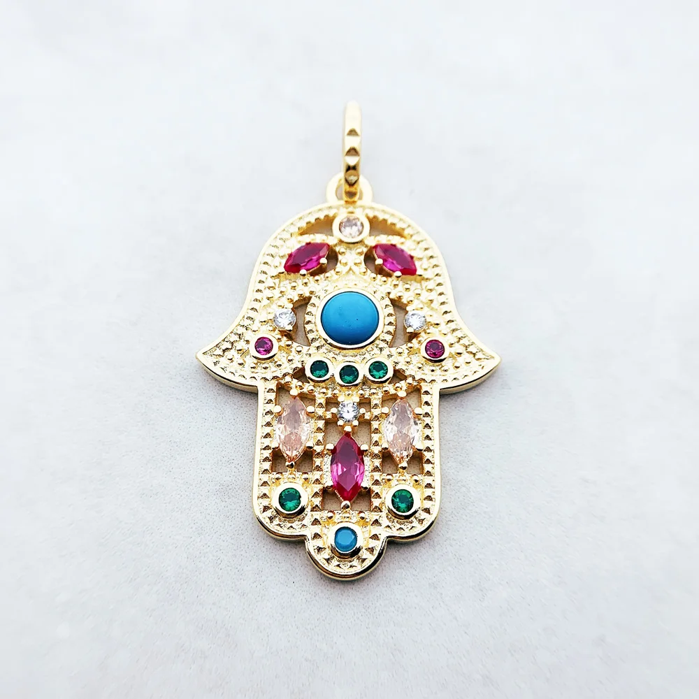 Hand of Fatima Golden Pendant Brand New Jewelry Vintage 925 Sterling Silver Accessories Lucky Gift For Women