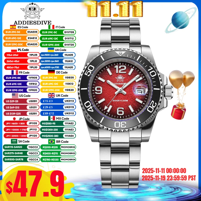 ADDIESDIVE TOP Men's Watch 41MM BGW9 Super Luminous Reloj Hombre 20Bar Diver 316L Stainless Steel AD2513 Quartz Watches