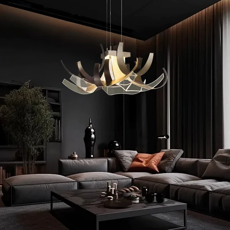 Modern Abstract Petal Chandelier Black  Gold Layered Pendant Light Sculptural Organic LED Hanging Lamp for Living Room Dining