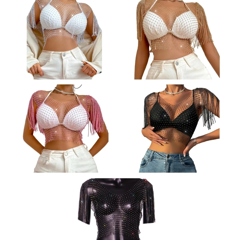 Women Sexy Rhinestones Mesh Tanks Top See Through Hollow Crop Top Party Clubwear