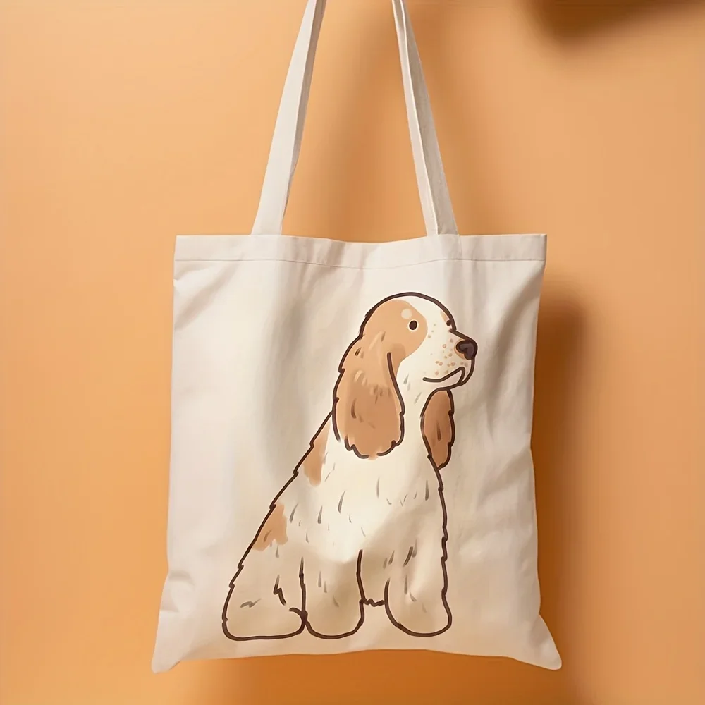 1pc, Cute Spaniel Illustration Canvas Tote Bag Reusable Grocery Bags (35.05cm x 40.13cm), Stylish Shoulder Bag for Daily Shoppin