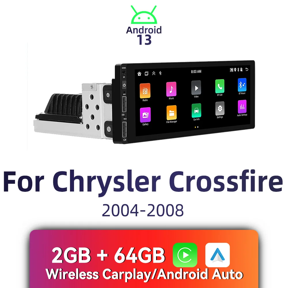 Autorádio Android 1 Din com Carplay - Unidade de Estéreo Multimídia para Carro com Tela de 6.86" para Chrysler Crossfire 2004-2008 com GPS