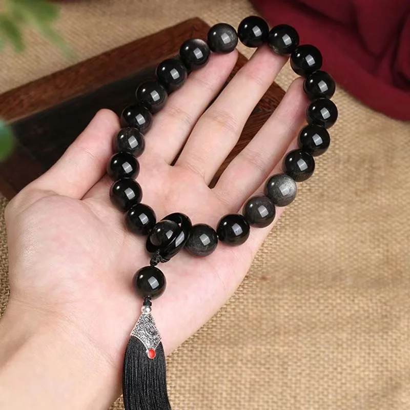 

Obsidian Handheld Bracelet Men's Beads Hand Toy Cat's Eye Silver Stone Buddha Crafts Tassel Pendant Women