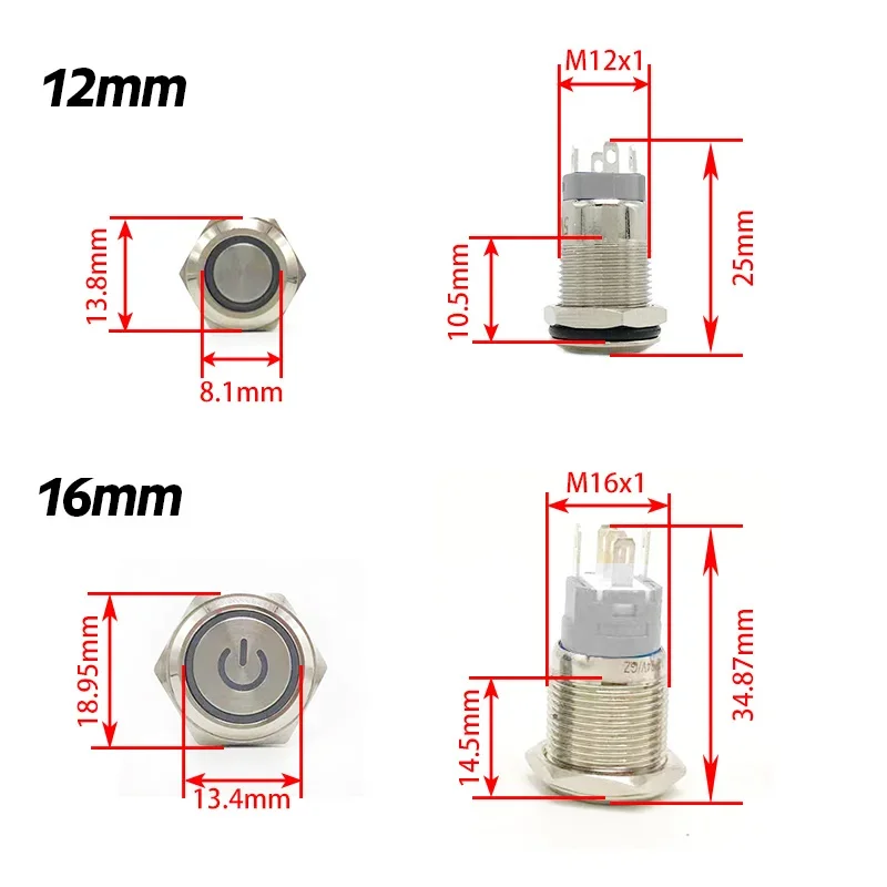 Interruptor de botão de metal impermeável, luz LED, travamento momentâneo, PC desligado, vermelho, verde, branco, amarelo, anel azul, 12mm, 16mm, 19mm, 22mm