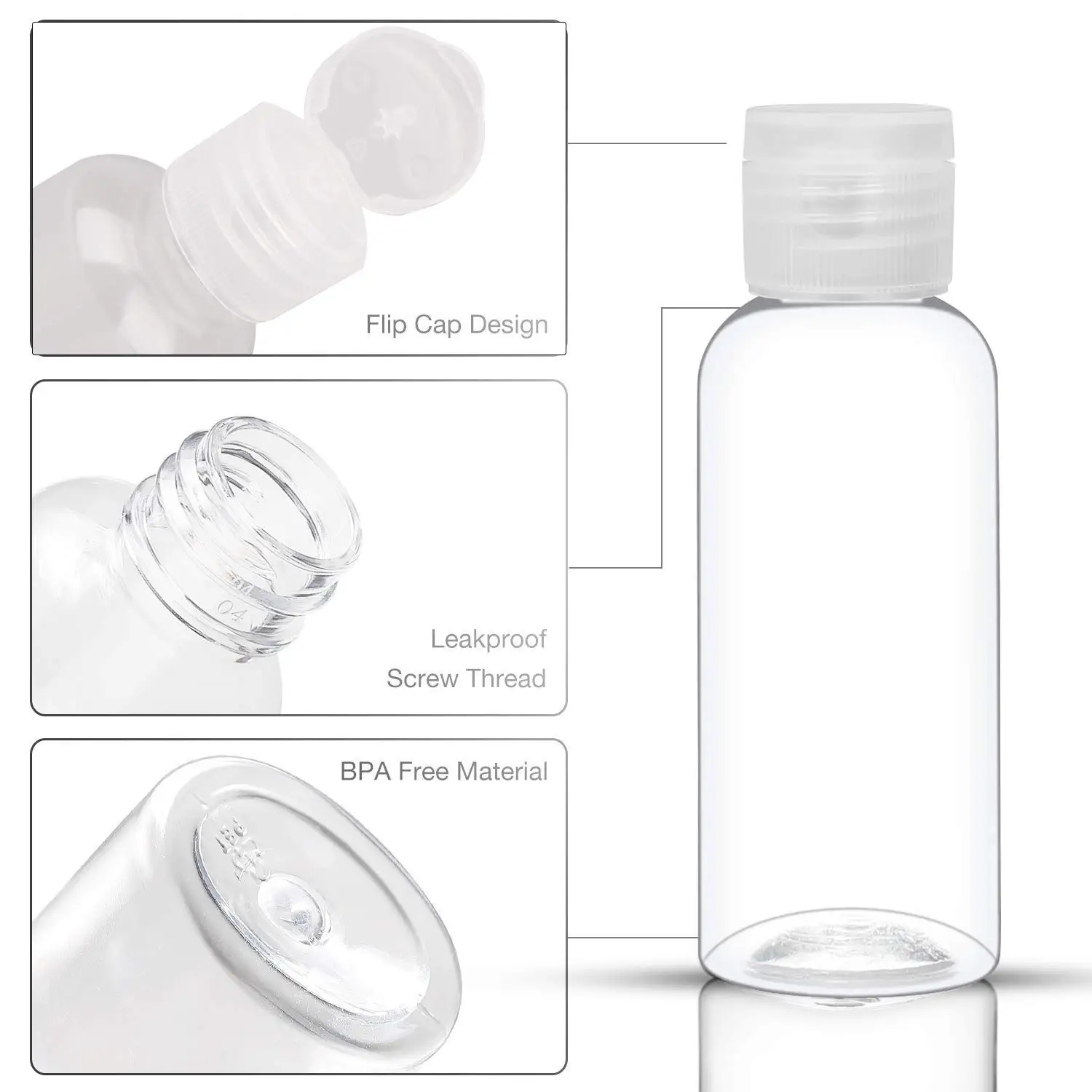 Garrafas plásticas recarregáveis de viagem, Flip Cap Recipientes para Loção Creme Cosméticos Líquidos, Vazio, Desinfetante para as mãos, 5ml-100ml, 10pcs por lote