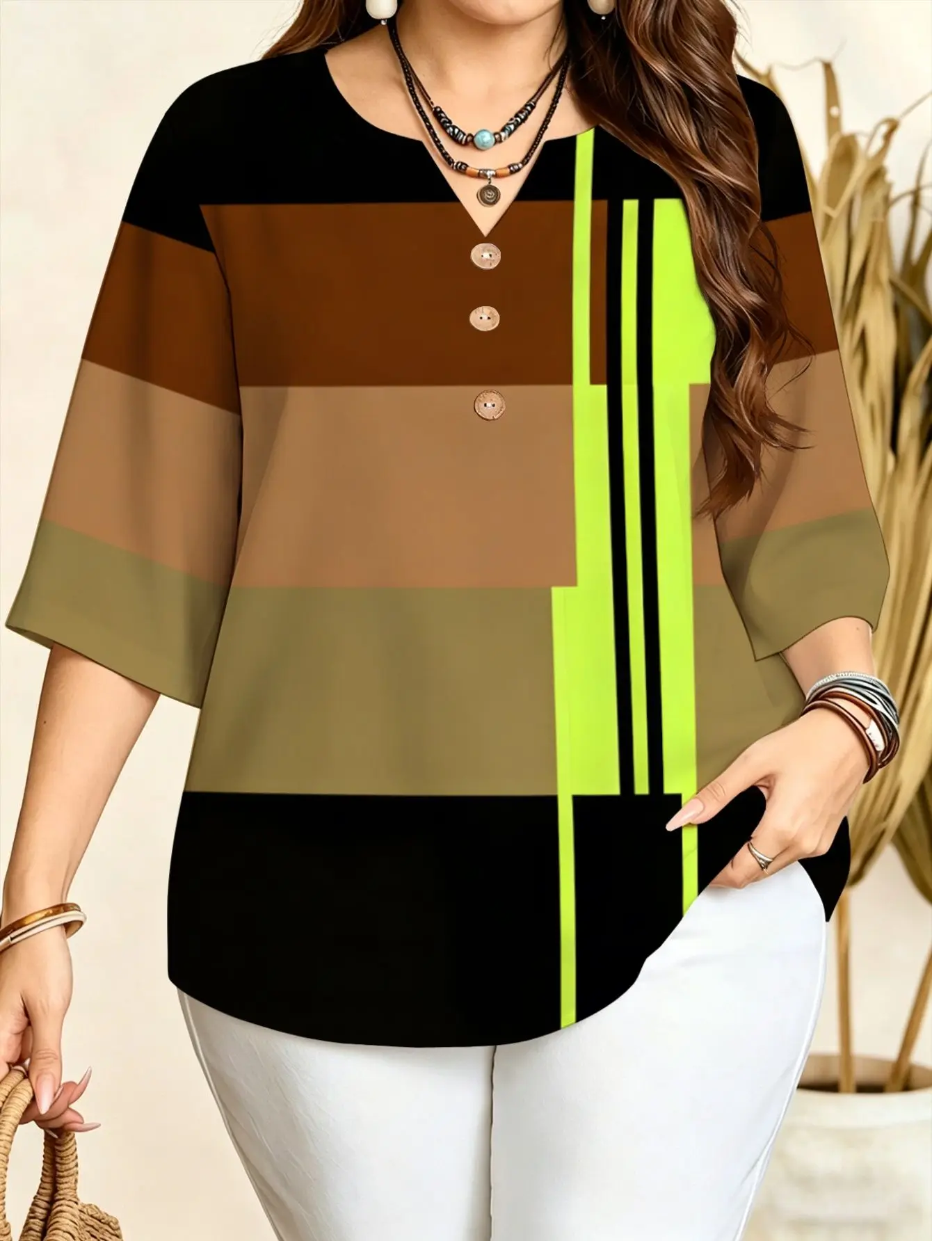 5 Styles Color Block Striped Blouses Notch V Neck 3/4 Sleeve Loose Plus Size Women Casual Daily Tops