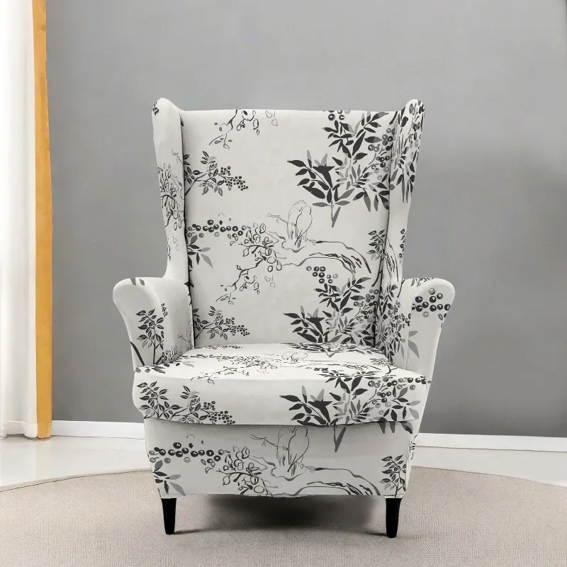 Spandex Stretch Wing Chair Cover Floral Printed High Back Armchair Covers Elastic Relax Sofa Slipcovers with Seat Cushion Cover