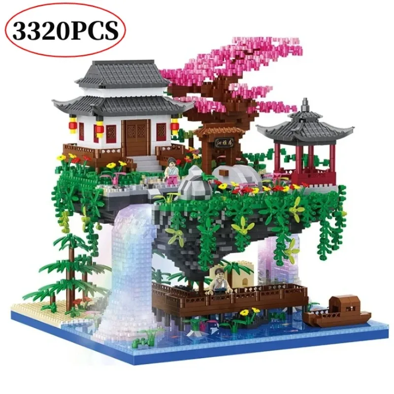 Peach Blossom Pool Cherry Tree House Building Blocks Chinese Garden DIY Assembly Bricks Toy LED Light for Kids Adult Gift