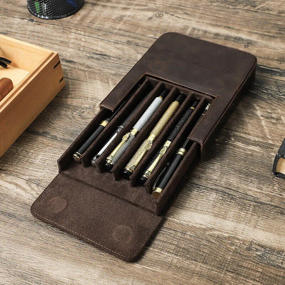 

1X Vintage Genuine Leather Pen Case Office Pencil Holder Pens Organizer Bag USA