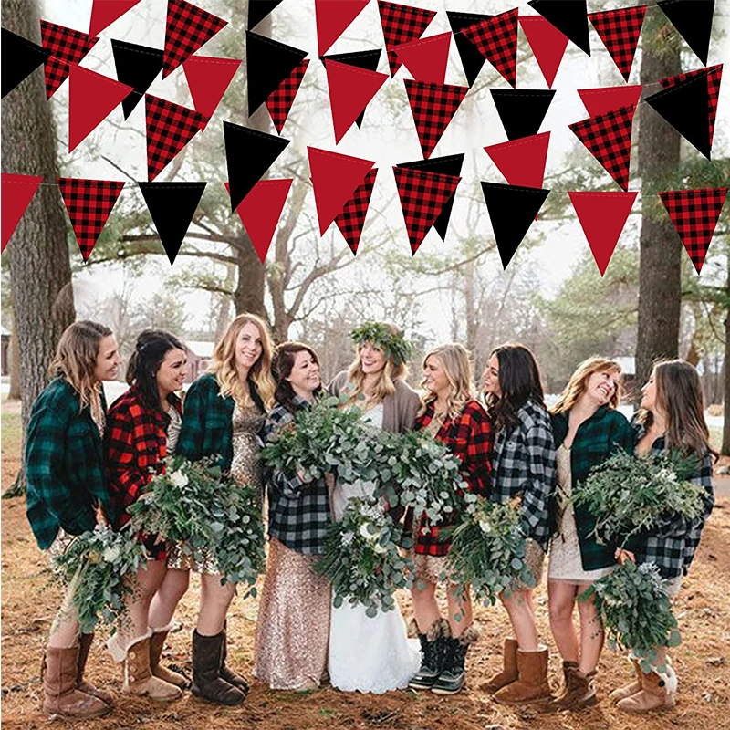 Black Red Buffalo Plaid Fiesta Birthday Banner Triangle Flag Decorations Xmas Bachelorette Paper Circle Dot Garland Streamers