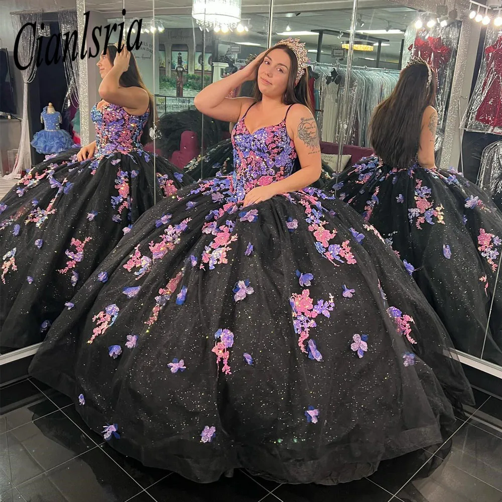 Black Quinceanera Dresses 3D Appliques Sweetheart Handmade Flower Ball Gowns Vestidos De 15 Años