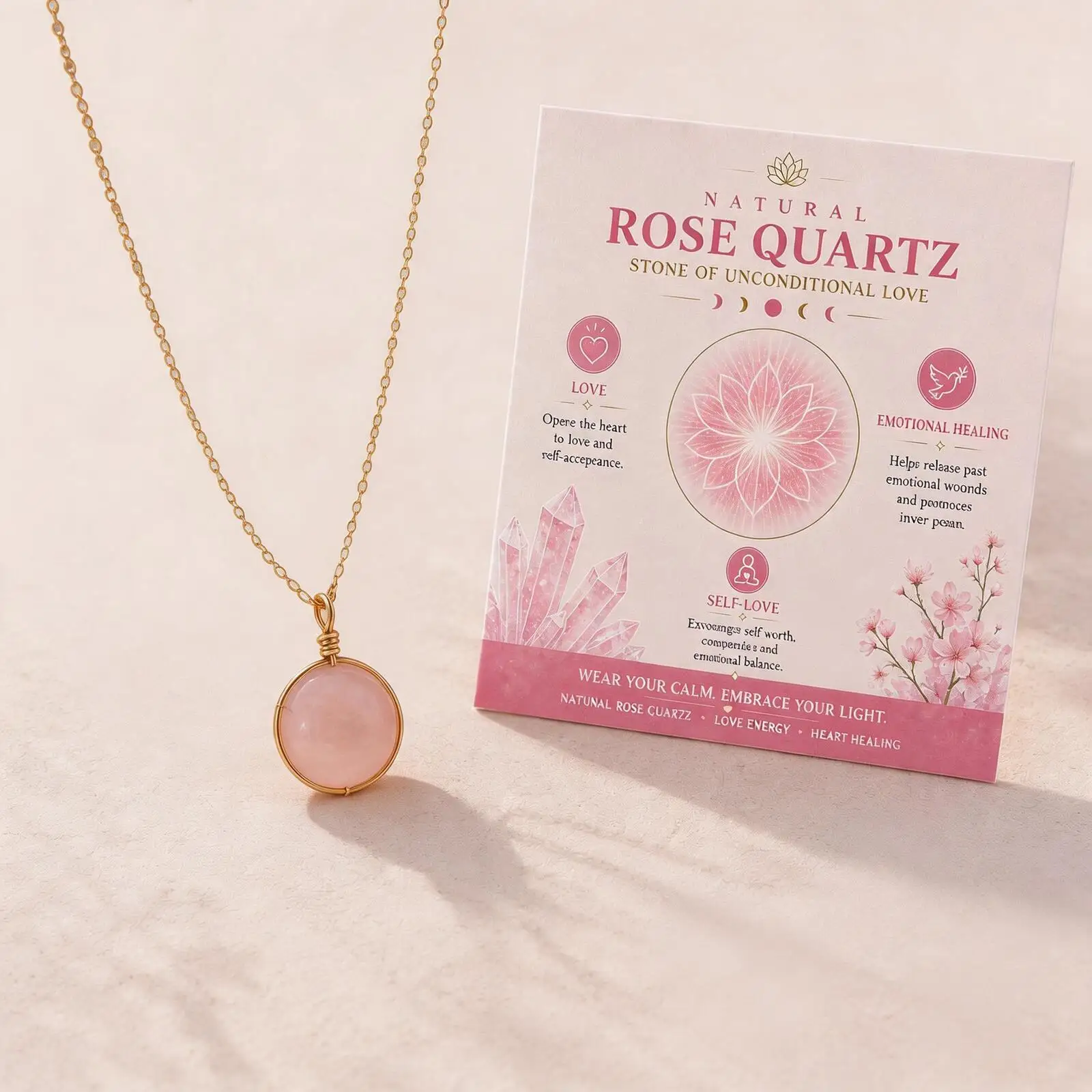 Collier pendentif en cristal, bijou en pierre de quartz rose naturel, ras-de-cou rond rose, cadeau avec carte de guérison émotionnelle