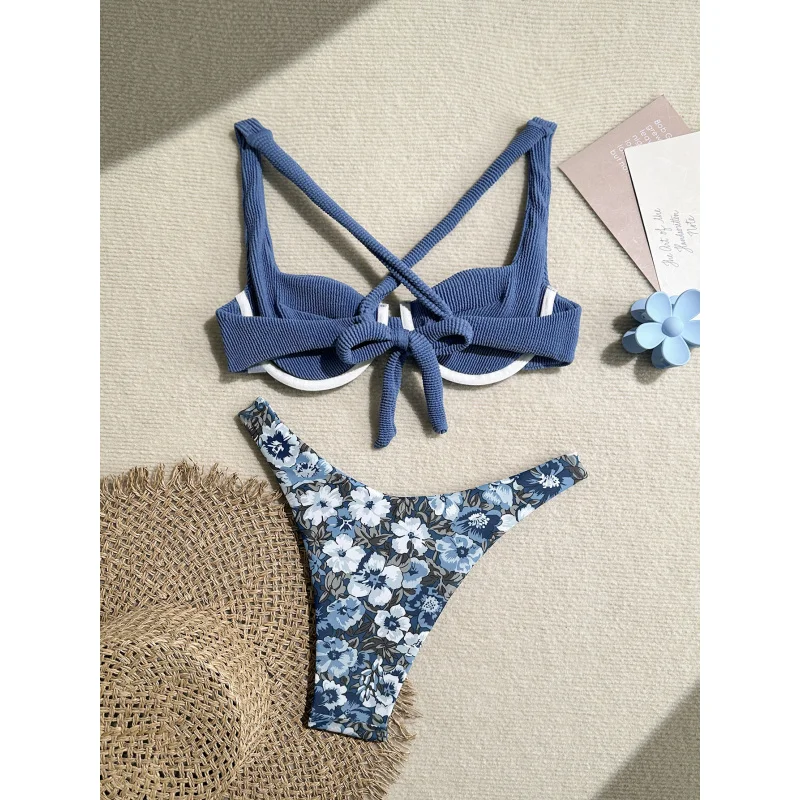 Nuova striscia a bolle morbida imbottita con ferretto, collo a cuore, cravatta posteriore, bikini in due pezzi, moda estiva da spiaggia