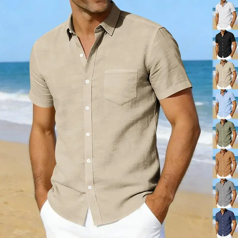 

Linen Shirt Short Sleeve Men's Lapel Pocket Shirt Comfortable Breathable Summer Casual Business Fashion Inner Wear Pure Color