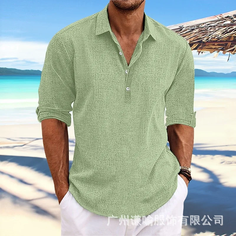 Camisas de manga larga de lino y algodón para hombre, camisas de verano de Color sólido, cuello alto, estilo informal de playa, talla grande, gran oferta