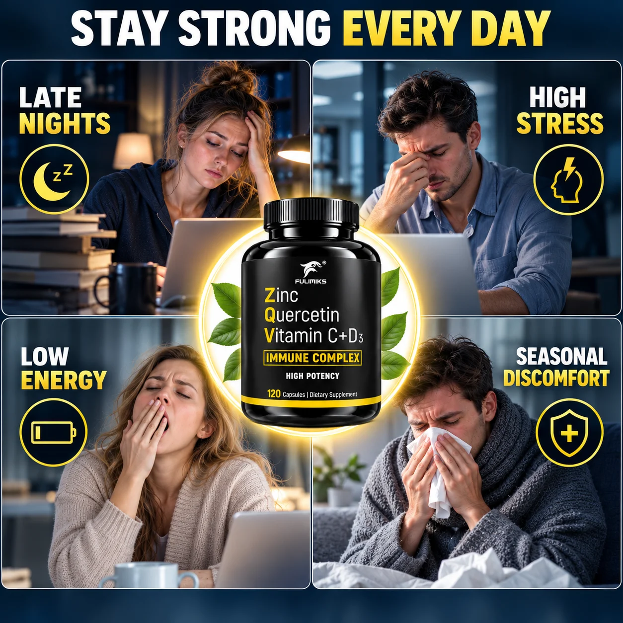 Zinc Quercetin Vitamin C D3 Capsules, Support Respiratory Health Ease Seasonal Discomfort, Sustain Energy for Late‑night Working