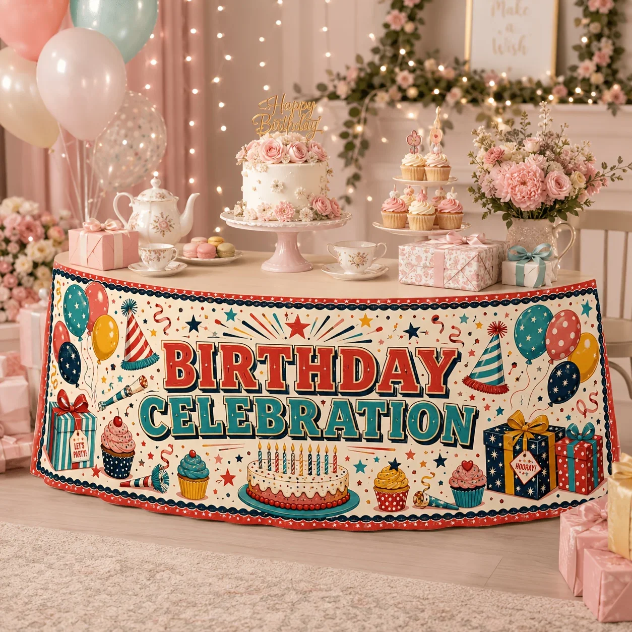 Tablecloth 1 piece. Retro birthday celebration. Retrospective cake paper cupcake party hat. Balloon gift box.