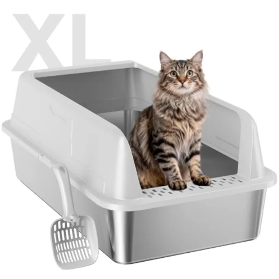 

Stainless Steel XL Cat Litter Box for Cats, High-Sided Design Prevents Urine Leakage, Non-Stick, Easy to Clean, Includes Scoop,
